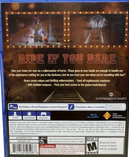 Until Dawn: Rush of Blood – PlayStation 4 (PS4) video game back of case, VR rail shooter horror experience.