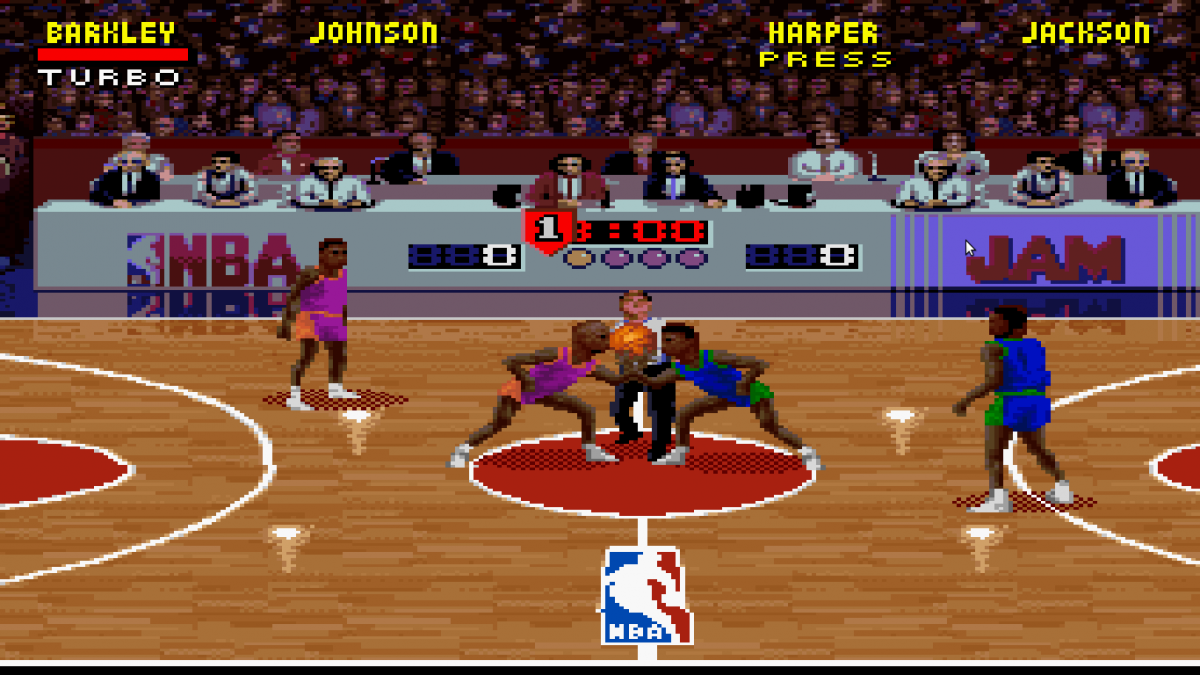NBA Jam Super Nintendo Entertainment System SNES arcade basketball video game over the top two on two fast paced action turbo button flaming nets hang time dunks secret players multiplayer Midway 90s sports classic original arcade version gameplay screenshot