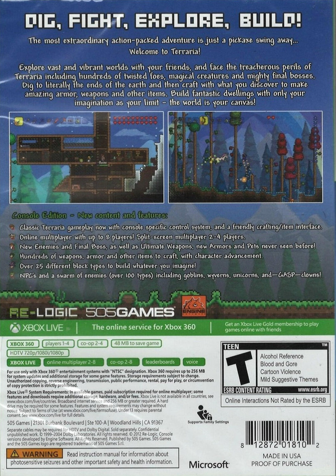 Terraria Xbox 360 X360 sandbox adventure game featuring 2D exploration crafting building mining resource gathering weapon crafting boss battles and procedurally generated worlds retro video game collection collectible gaming appeal back cover
