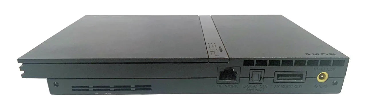 Rear view of the PlayStation 2 Slim console, showing power input, AV multi-out, digital out ports, and ventilation design, detailed image highlighting console connectivity and structure