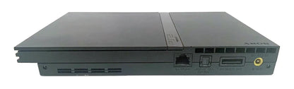 Rear view of the PlayStation 2 Slim console, showing power input, AV multi-out, digital out ports, and ventilation design, detailed image highlighting console connectivity and structure
