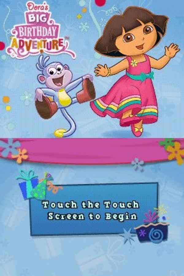 Dora's Big Birthday Adventure Nintendo DS interactive storybook platformer game tapping shouting scribbling activities based on TV special Dora and Boots stuck in Wizzle World birthday party goal DS microphone stylus controls magical unicorn riding main menu title screen