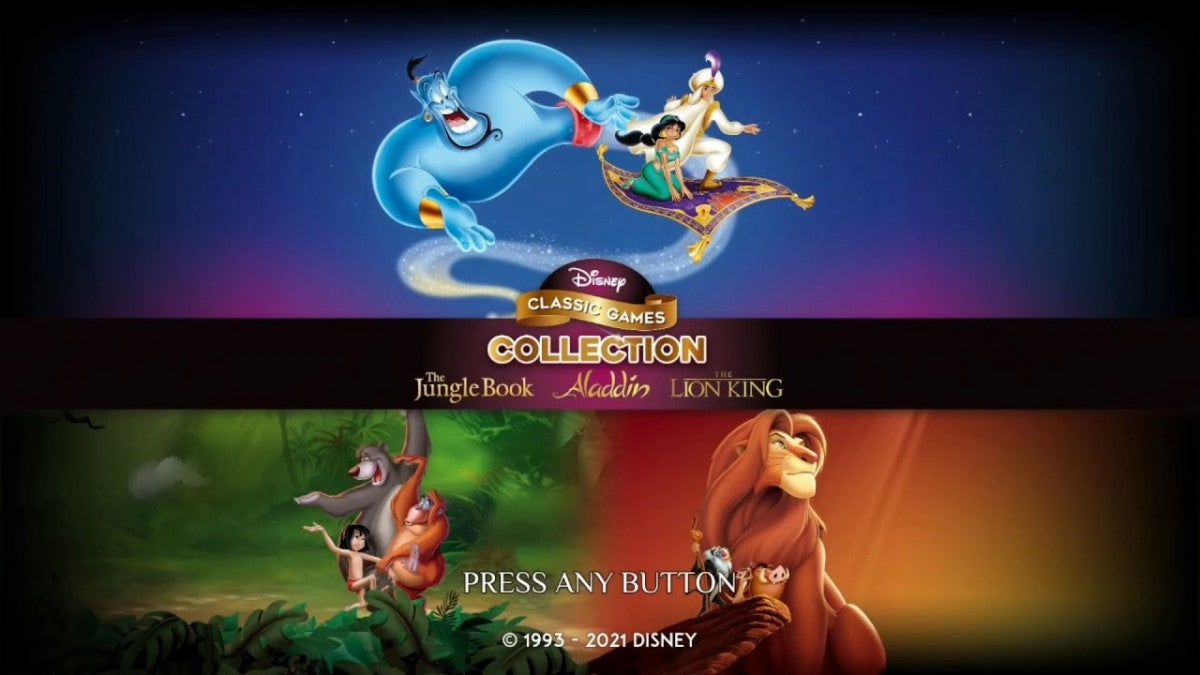 Disney Classic Games Aladdin and The Lion King PlayStation 4 PS4 retro game compilation bundle featuring 16-bit platformers definitive editions and bonus content main menu title screen