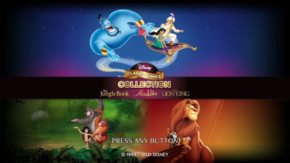 Disney Classic Games Aladdin and The Lion King PlayStation 4 PS4 retro game compilation bundle featuring 16-bit platformers definitive editions and bonus content main menu title screen