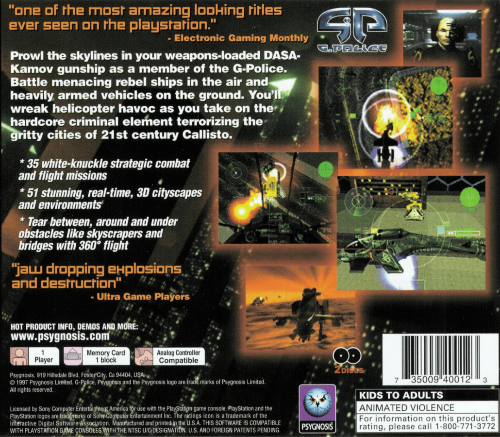 G-Police back of case for PlayStation 1 (PS1) retro video game