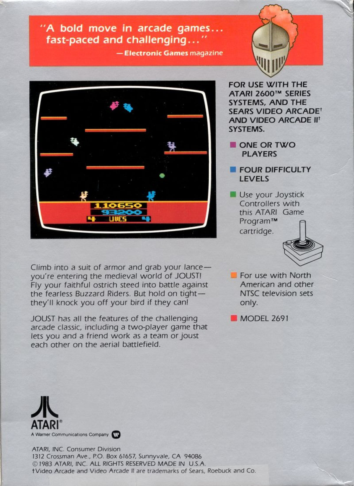 Joust for Atari 2600 with classic arcade-style flying and lance combat gameplay theme back cover