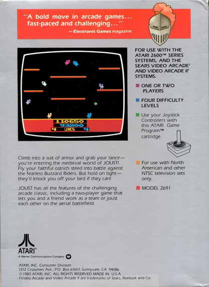 Joust for Atari 2600 with classic arcade-style flying and lance combat gameplay theme back cover