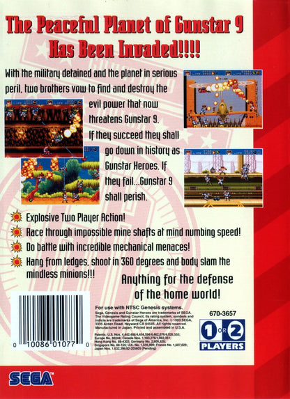 Gunstar Heroes Sega Genesis GEN for retro video game enthusiasts featuring side scrolling run and gun gameplay fast paced cooperative action explosive boss battles unique weapon combinations vibrant 16 bit visuals and collectible gaming appeal back art 