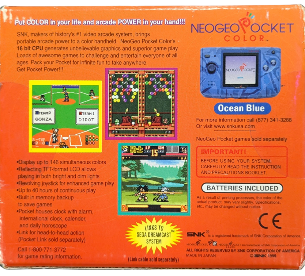 Neo Geo Pocket Color System (NGPC) [Ocean Blue][CIB] in scratch and scuff condition featuring SNK’s compact handheld with a crisp color screen and clicky micro switch stick ideal for arcade style play; includes the original box and contents but shows noticeable cosmetic wear on the system shell real back of box