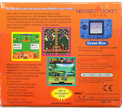 Neo Geo Pocket Color System (NGPC) [Ocean Blue][CIB] in scratch and scuff condition featuring SNK’s compact handheld with a crisp color screen and clicky micro switch stick ideal for arcade style play; includes the original box and contents but shows noticeable cosmetic wear on the system shell real back of box