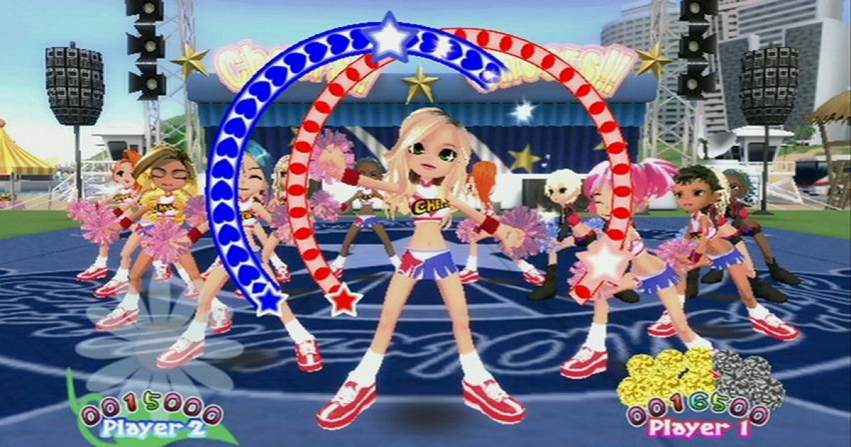 We Cheer Wii inspired design featuring energetic cheerleading rhythm game aesthetic motion controlled routines squad performances colorful competition atmosphere upbeat music gameplay team spirit and athletic choreography nostalgic Nintendo Wii presentation gameplay