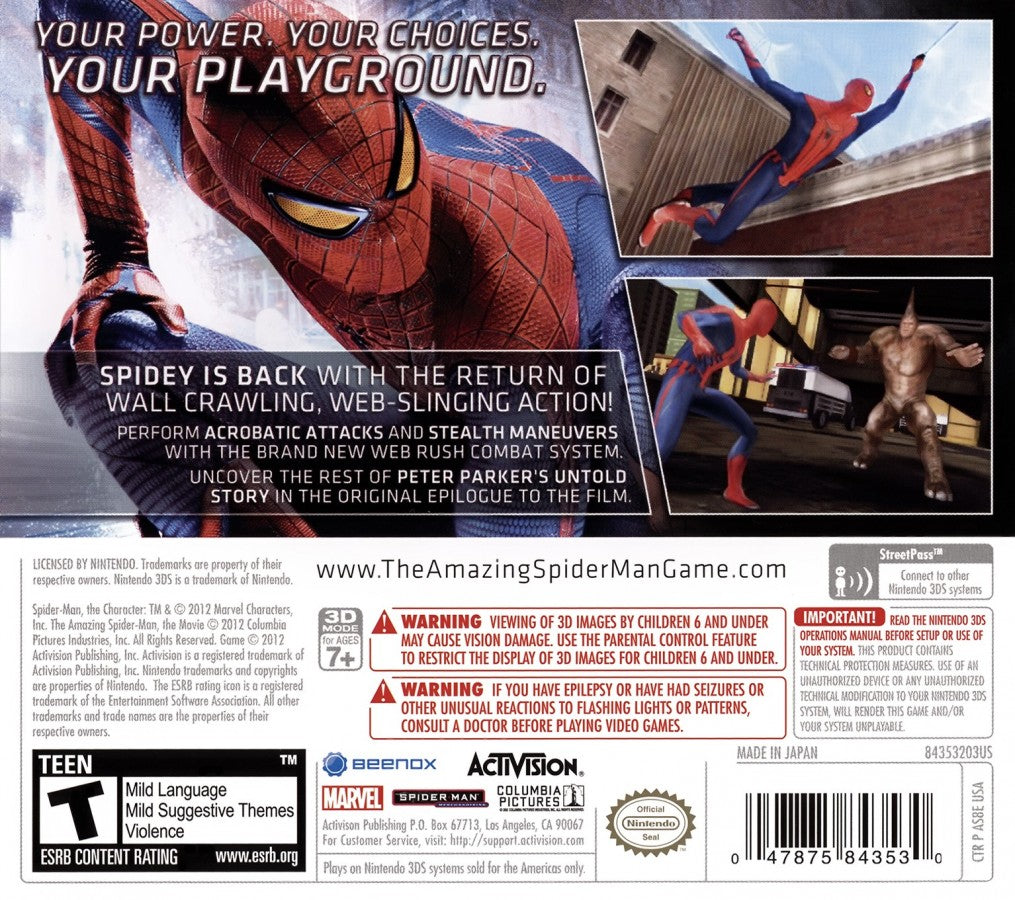 The Amazing Spider-Man back of case for Nintendo 3DS (3DS) action adventure video game