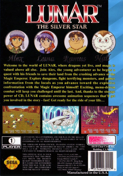 Lunar The Silver Star Sega CD JRPG role playing game anime style fantasy adventure Working Designs turn based combat story driven classic RPG cutscenes voice acting retro gaming Sega CD software video game title back cover art