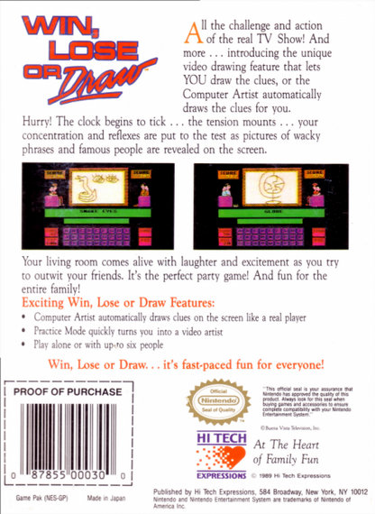 Win, Lose Or Draw [In Box] back of box for Nintendo Entertainment System (NES) retro video game