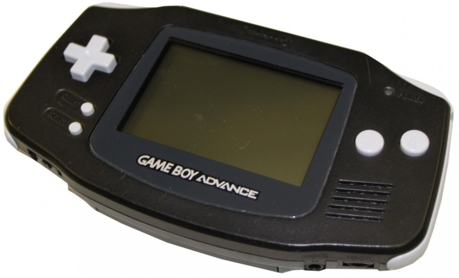 Game Boy Advance Black Console Nintendo Game Boy Advance handheld console in black color portable cartridge based gaming system with directional pad buttons retro gaming device front tilted  