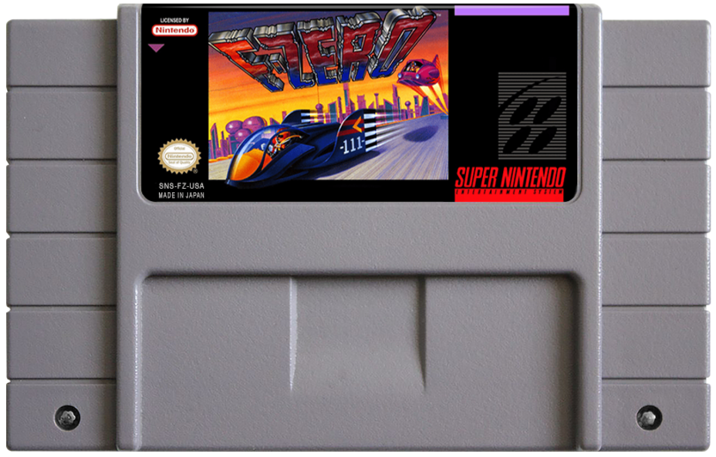 F-Zero Super Nintendo Entertainment System SNES futuristic racing video game Mode 7 graphics high-speed anti-gravity vehicles multiple pilots including Captain Falcon with varying stats and championship tracks cartridge