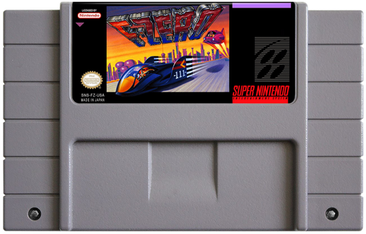 F-Zero Super Nintendo Entertainment System SNES futuristic racing video game Mode 7 graphics high-speed anti-gravity vehicles multiple pilots including Captain Falcon with varying stats and championship tracks cartridge