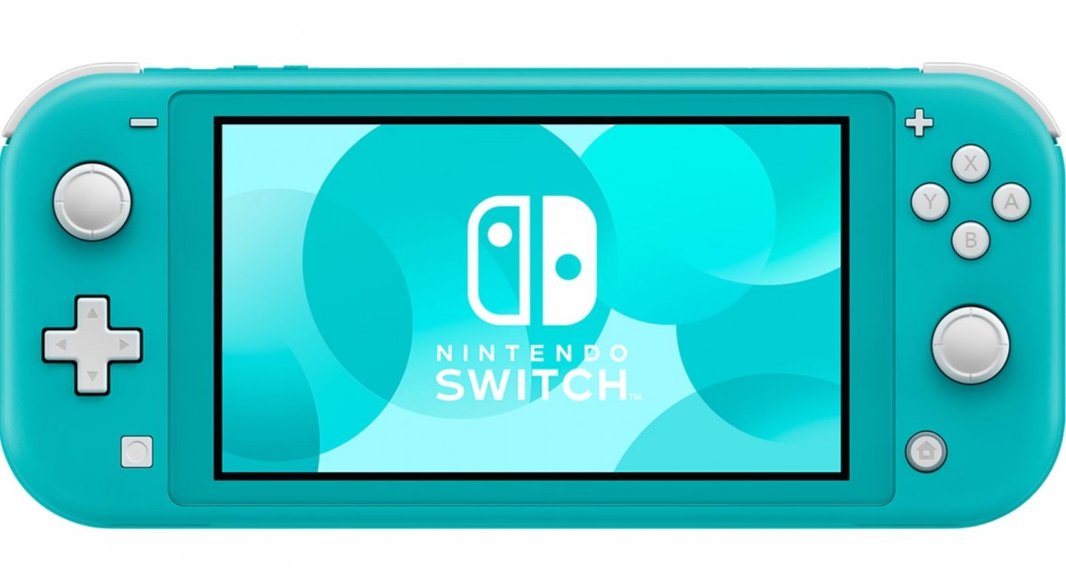 Nintendo Switch Lite system in turquoise featuring a compact handheld design built for portable gaming front facing