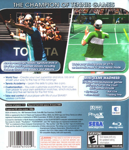 Virtua Tennis 3 PlayStation 3 sports simulation video game Sega arcade tennis real world pros Roger Federer Rafael Nadal Maria Sharapova World Tour career mode training mini-games court games doubles online multiplayer 1080p HD graphics back cover