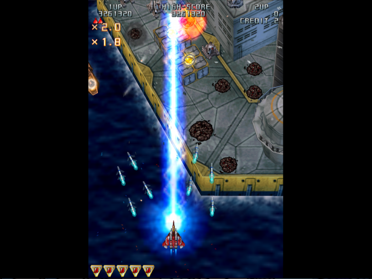 Raiden III – PlayStation 2 (PS2) video game gameplay, vertical shoot 'em up arcade game.