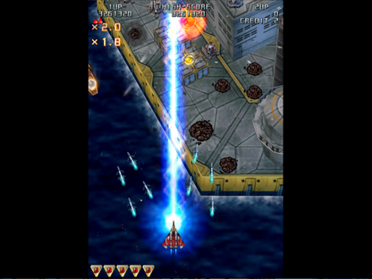 Raiden III – PlayStation 2 (PS2) video game gameplay, vertical shoot 'em up arcade game.