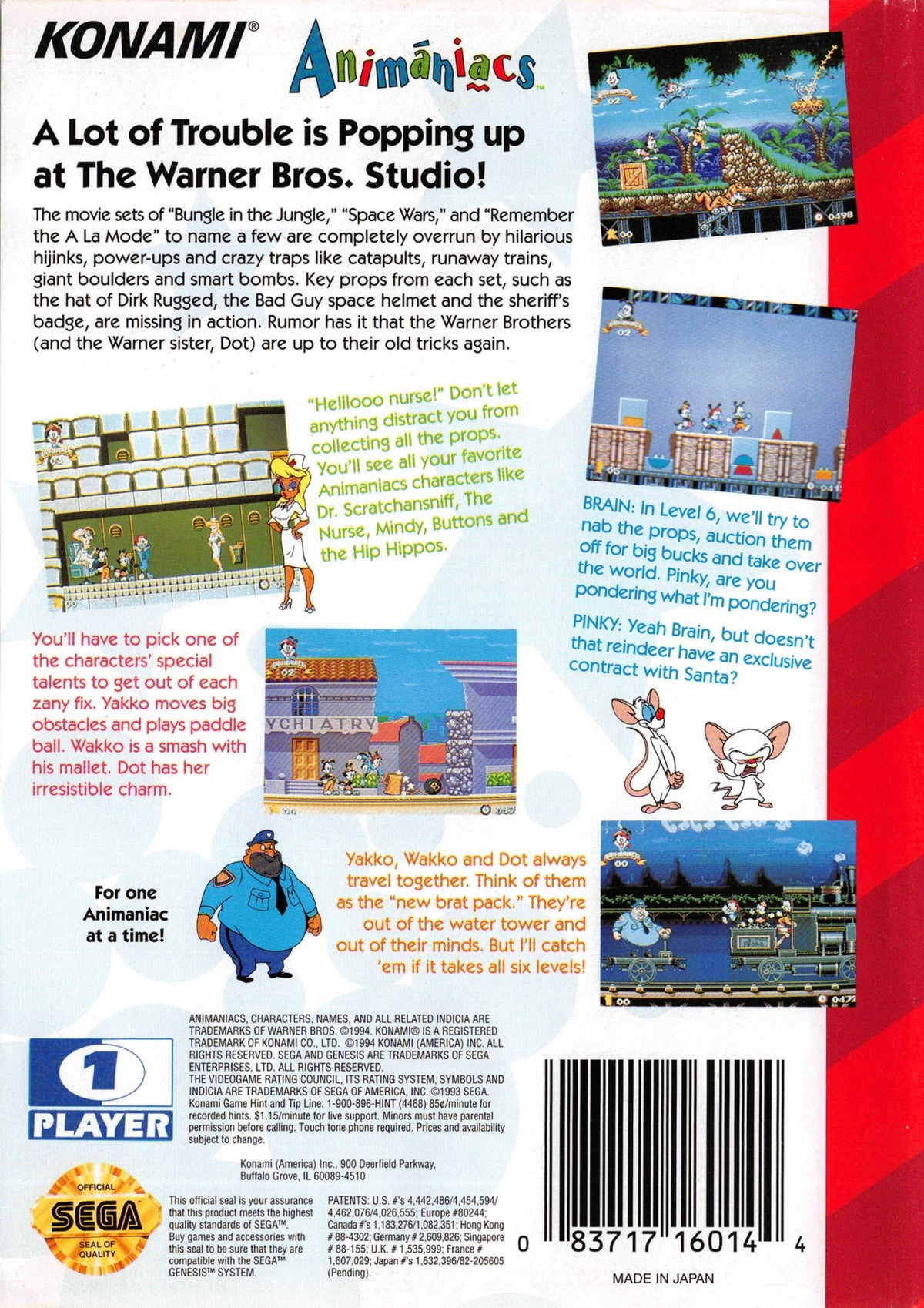 Animaniacs Sega Genesis video game, action platformer, cartoon-based adventure, Warner Bros. classic retro console title back cover