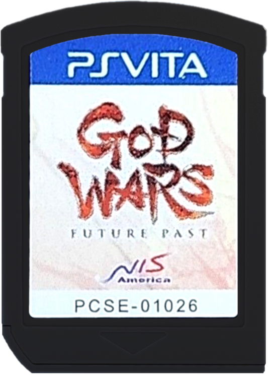 God Wars Future Past cartridge art for PlayStation Vita video game, tactical RPG, turn-based strategy, Japanese mythology, handheld console title
