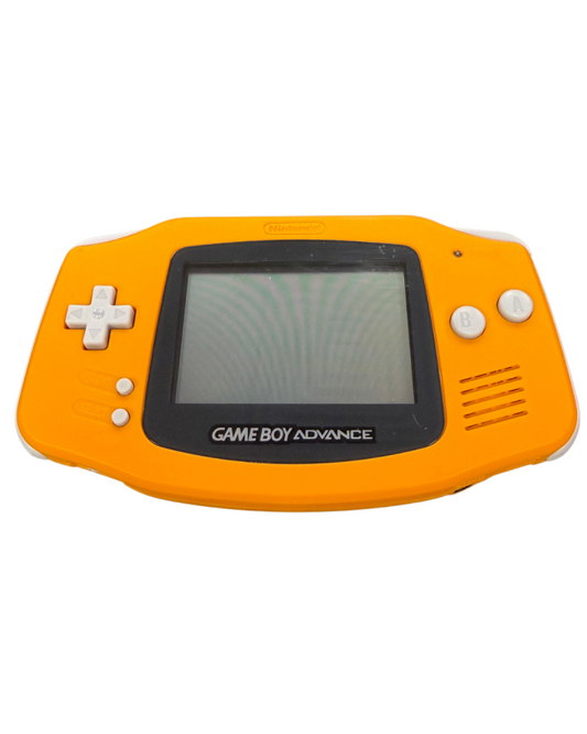 Game Boy Advance handheld system in orange featuring horizontal design, color screen, rechargeable battery, and compatibility with Game Boy Advance cartridges for portable gaming