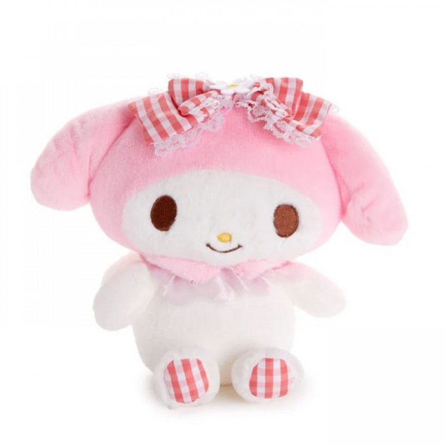 My Melody Gingham Angel 8 Inch Plush collectible Sanrio character plush featuring My Melody in an adorable gingham angel themed design soft plush construction detailed outfit and angel wings 8 inch size huggable display collectible Sanrio merchandise and fan collection appeal