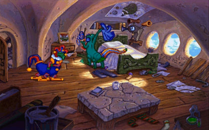 Blazing Dragons for Sega Saturn (SS) at Gamers INC, featuring the whimsical point-and-click adventure based on the cult-classic animated series from Monty Python’s Terry Jones; play as Flicker, a commoner dragon with noble dreams, as you solve clever puzzles, engage in witty dialogue, and navigate the "Knights of the Round Table" parody to win the Dragon Tournament and the heart of Princess Flame in this charmingly eccentric 32-bit quest gameplay screenshot