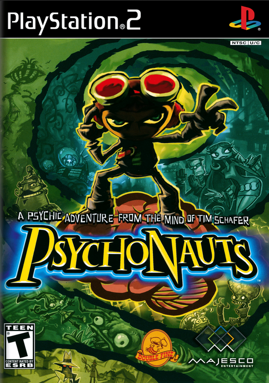 Psychonauts PlayStation 2 PS2 video game featuring action platforming adventure gameplay Raz character psychic abilities mind based environments puzzle solving enemy battles colorful worlds and classic PlayStation 2 gameplay retro video game collection collectible gaming appeal cover art