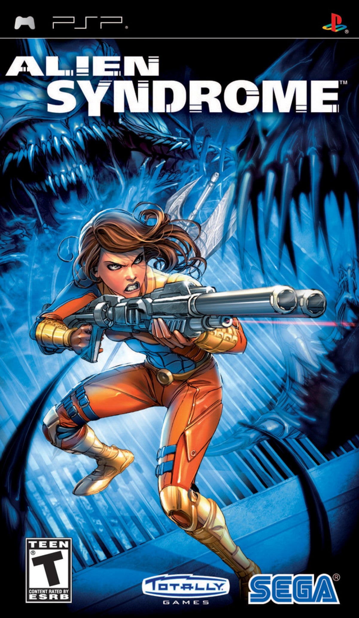Alien Syndrome PlayStation Portable PSP for action role playing shooter video game fans featuring top down alien combat futuristic sci fi environments cooperative multiplayer character upgrades intense missions powerful weapons arcade inspired gameplay collectible gaming appeal front cover art