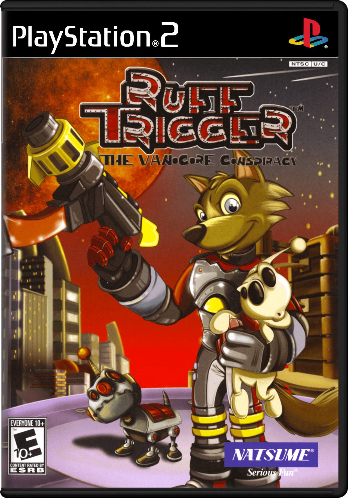 Ruff Trigger The Vanocore Conspiracy PS2 Sony PlayStation 2 action adventure platformer sci fi story anthropomorphic characters third person shooting puzzle solving exploration alien conspiracy gameplay cartoon style retro gaming PlayStation 2 software video game title cover art