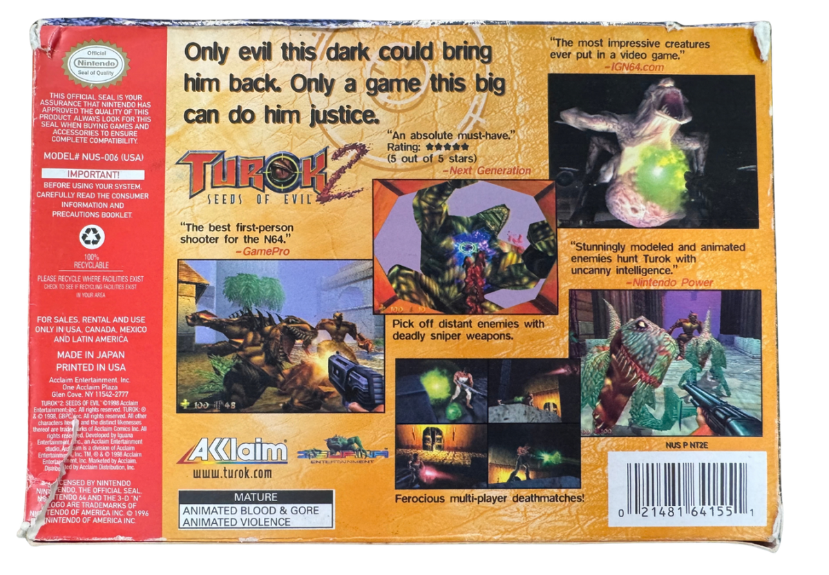 Turok 2 Seeds of Evil Gray Cart Missing Manual Nintendo 64 N64 video game featuring first person shooter gameplay Turok dinosaur hunting action weapon combat prehistoric environments enemy battles challenging missions boss fights and classic 64 bit Nintendo gameplay retro video game collection collectible gaming appeal box back