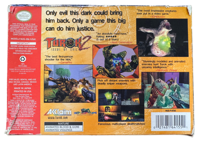 Turok 2 Seeds of Evil Gray Cart Missing Manual Nintendo 64 N64 video game featuring first person shooter gameplay Turok dinosaur hunting action weapon combat prehistoric environments enemy battles challenging missions boss fights and classic 64 bit Nintendo gameplay retro video game collection collectible gaming appeal box back