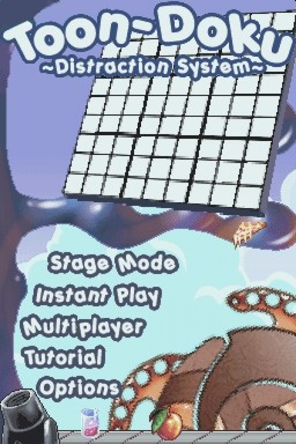 Toon-doku Nintendo DS video game, cartoon-style Sudoku puzzle gameplay, logic and number challenges, handheld console title main menu title screen