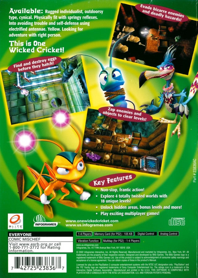 Zapper One Wicked Cricket PS2 PlayStation 2 platformer action adventure game retro video game back of case