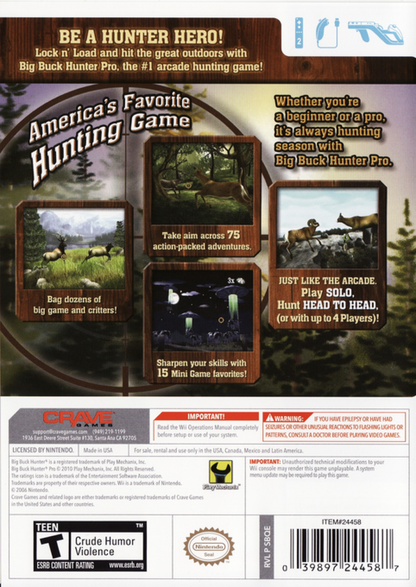 Big Buck Hunter Pro Wii inspired design featuring arcade hunting simulation aesthetic outdoor wilderness environments motion controlled shooting gameplay competitive score chasing wildlife tracking action family friendly sports entertainment nostalgic Nintendo Wii presentation back cover art