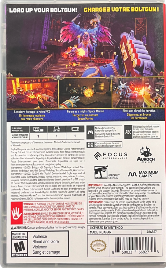 LocalID_68427 Warhammer 40000 Boltgun Nintendo Switch inspired design featuring retro inspired first person shooter aesthetic futuristic space marine warfare relentless enemy hordes explosive weapon combat gothic sci fi battlefields pixel styled visuals and fast paced action presentation back cover 