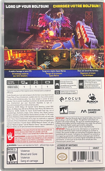 LocalID_68427 Warhammer 40000 Boltgun Nintendo Switch inspired design featuring retro inspired first person shooter aesthetic futuristic space marine warfare relentless enemy hordes explosive weapon combat gothic sci fi battlefields pixel styled visuals and fast paced action presentation back cover 