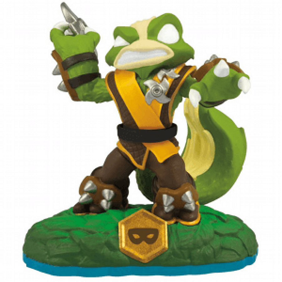 Stink Bomb Skylanders Swap Force figure, life element ninja skunk with green outfit, mask and dual blades, posed in stealth attack stance, detailed collectible toy on portal base from Skylanders Swap Force series