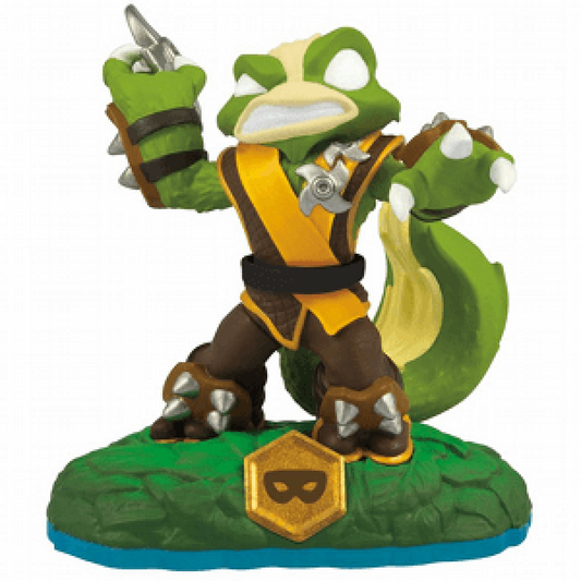 Stink Bomb Skylanders Swap Force figure, life element ninja skunk with green outfit, mask and dual blades, posed in stealth attack stance, detailed collectible toy on portal base from Skylanders Swap Force series