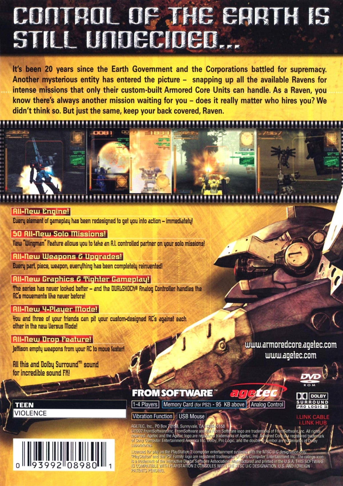 Armored Core 3 disc for the PlayStation 2 featuring mech combat simulation gameplay with deep customization of armored units fast paced mission based battles and sci fi mercenary storytelling from FromSoftware back cover 
