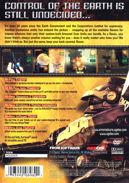 Armored Core 3 disc for the PlayStation 2 featuring mech combat simulation gameplay with deep customization of armored units fast paced mission based battles and sci fi mercenary storytelling from FromSoftware back cover 