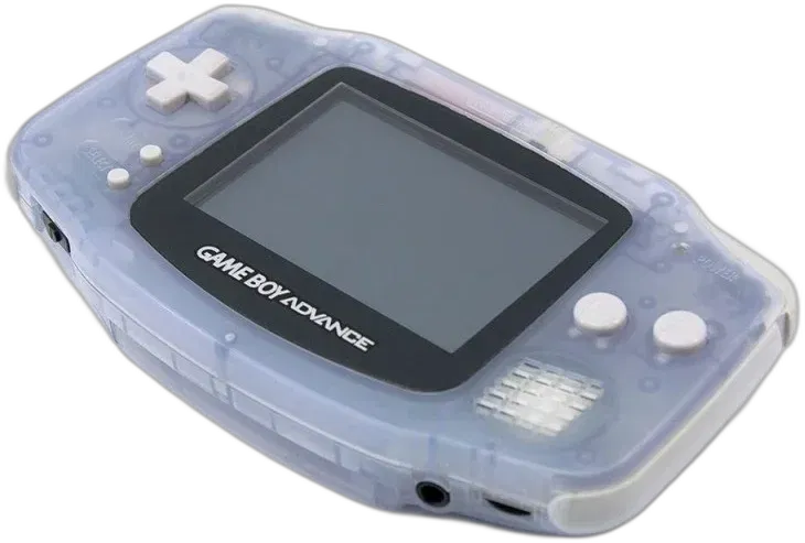 Game Boy Advance GBA handheld console Glacier color, portable Nintendo system, retro gaming device, good condition blank  diagonal prromotional shot