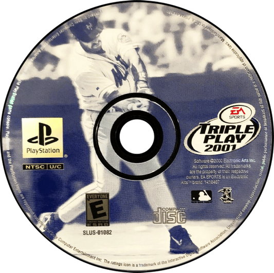 Triple Play 2001 for PlayStation 1 baseball sports video game featuring official MLB teams and players, realistic batting and pitching mechanics, season and franchise modes, and classic EA Sports baseball gameplay experience disc