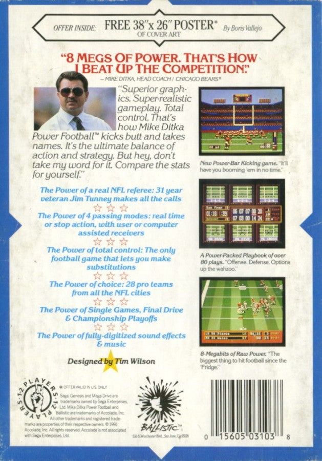 Mike Ditka Power Football back cover art for Sega Genesis (GEN) video game
