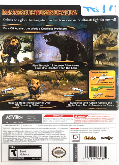 Cabela’s Dangerous Hunts 2011 for Wii action adventure hunting video game featuring wild predator encounters realistic outdoor environments motion controlled shooting gameplay and thrilling sportsman experience back cover