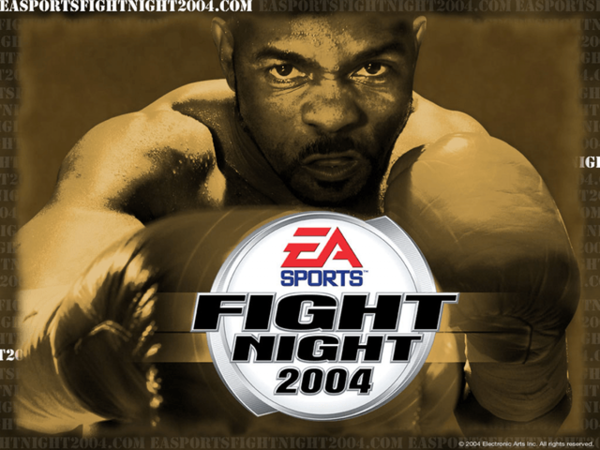 Boxer in a fighting stance with EA Sports Fight Night 2004 logo overlay Title screen