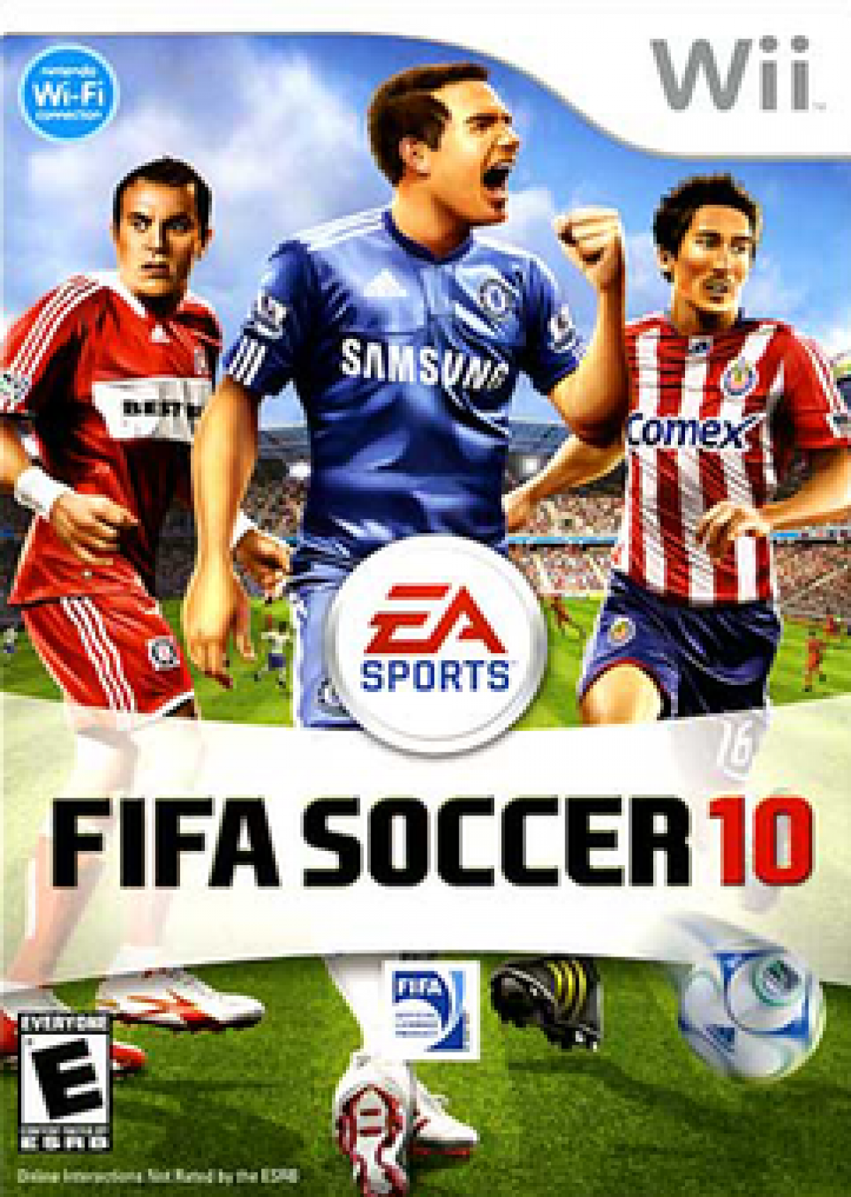 FIFA Soccer 10 Nintendo Wii video game, soccer sports simulation, motion-controlled gameplay, multiplayer, EA Sports title front cover